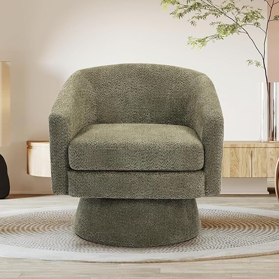 27.56" Swivel Accent Chair with Armrest,Modern 360 Degree Swivel Barrel Chair with Soft Cushion,Chenille Round Armchair Single Sofa for Living Room,Bedroom,Green