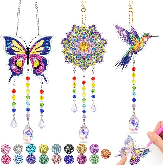 Arts and Crafts for Kids Ages 8-12, Diamond Art Kits for Kids Birthday Gifts for 5 6 7 8 9 10 11 Year Old Girls Diamond Painting Kits for Adults Teen, Gem Art Suncatcher Wind Chime for Home Garden