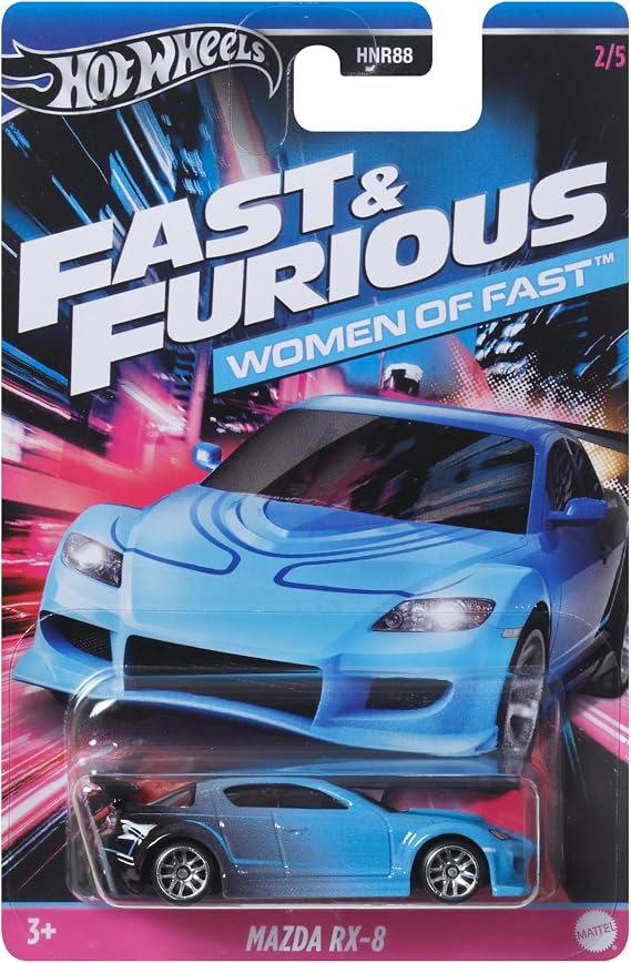 Hot Wheels Mazda RX-8 car - Fast and Frious women - model casting scale 1:64 - length 7 cm, HRW37, black sky blue