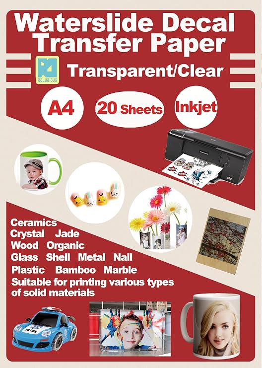 Waterslide Decal Paper for Inkjet Printers Only, Clear Transparent Water Slide Transfer Paper for DIY Mugs, Glass, Ceramic, A4 Size (8.3 x 11.7 Inches), 20 Sheets Rolurious