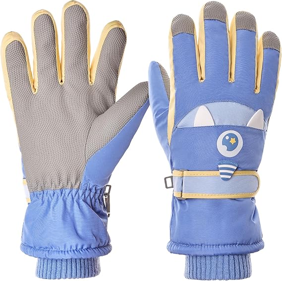 Kids Touchscreen Ski Gloves Children Waterproof Winter Snow Gloves with Grip, Unicorn Monster Design, Anti-Loss Clip for Boys & Girls
