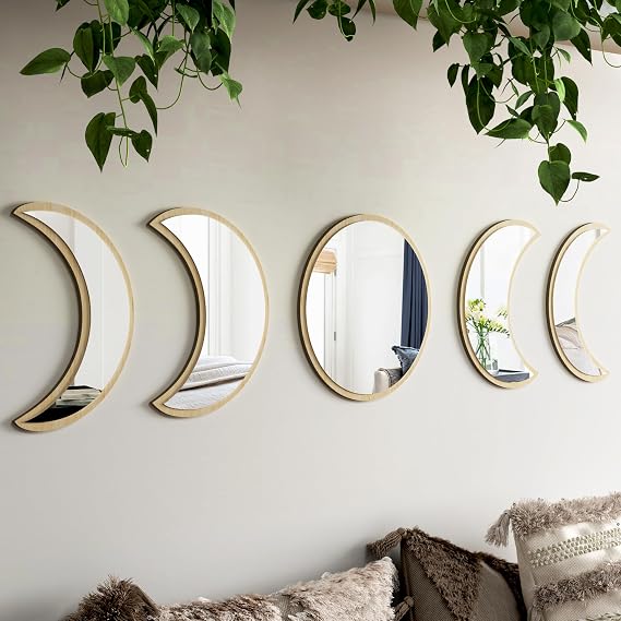 10.4" Raw Acrylic Moon Phase Wall Mirror Set - 5-Piece Boho Celestial Decor for Living Room Bedroom Entryway, Easy Stick-On Installation, Shatterproof Safety Design