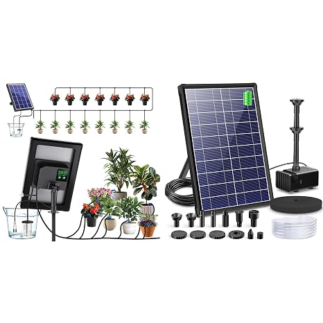 Biling 4W Solar Irrigation System for Garden Plants & 8W Solar Fountain Pump with 3600mAh Battery Backup Work All Day for Garden Pond, Fish Tank, Water Feature