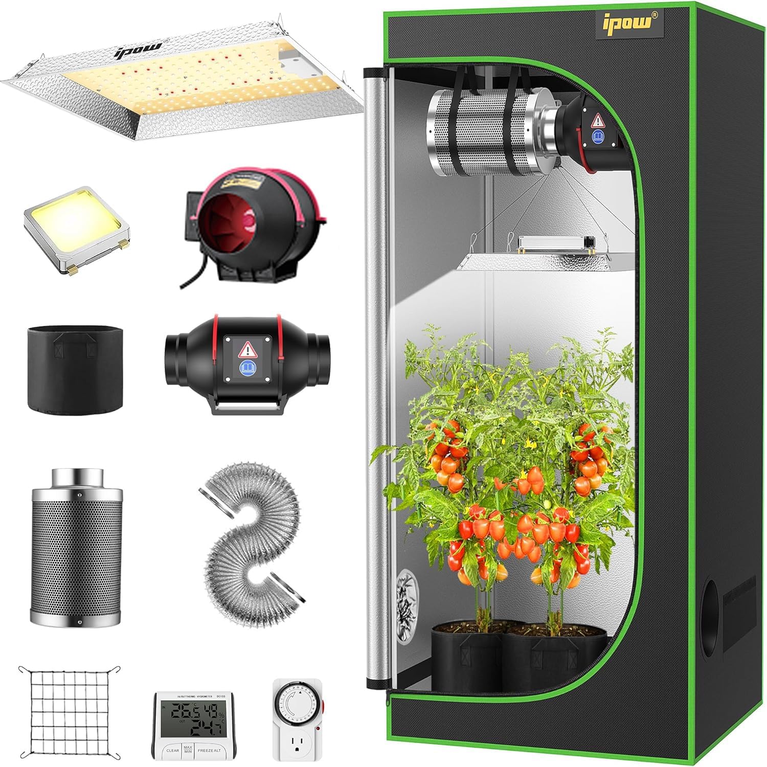 IPOW Grow Tent Kit Complete System 0.6m x 0.6m with VS1000 LED Grow Light 4 190 CFM Inline Fan Carbon Filter and 8ft Ducting Combo 24 x 24 x 55 & # 34