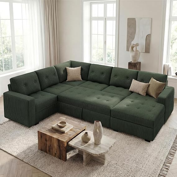 HONBAY Modular Sectional Sleeper Sofa with Pull Out Bed, U Shaped Sleeper Couches with Storage Chaise, 114'' Sleeper Sectional Sofas for Living Room, Apartment (Velvet Green)