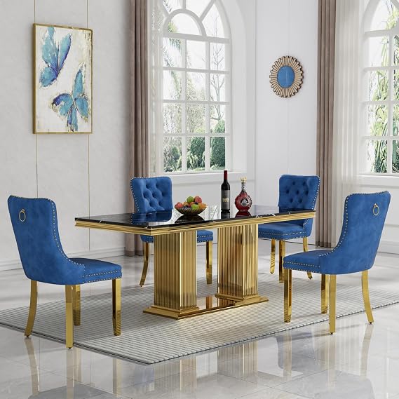 5-Piece Dining Table Set for 4, 68" Black Marble Kitchen Table with 4 Blue Chairs,Modern Rectangle Dinner Table and Chairs Set with Double Column Stainless Steel Legs for Kitchen & Dining Room