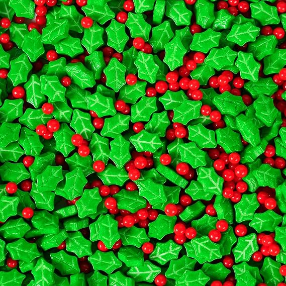 Christmas Holly and Berry Sprinkles, 4.2 oz Edible Red and Green Holiday Sprinkles for Cookie & Cake Decorations Xmas Baking, Cupcakes Topper