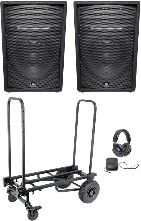 Audiosavings Bundle: Rockville DJ1500 DJ Headphones Bundle with (2) JBL Pro JRX215 1,000 W 15" Inch DJ P/A Speaker Cabinet - NEW! + Rockville Rock Cart Pro DJ Equipment Transport Roller Car (4 Items)