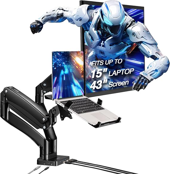 Dual Monitor Arm Desk Mount with 15" Laptop Tray & USB-C&A Docking Station