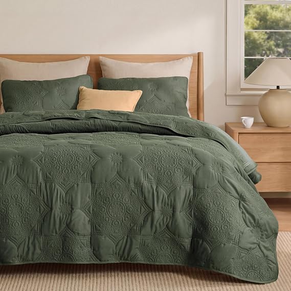 Bedsure Quilts Queen Size Bedspread, Thin Comforter, Olive Green Coverlet