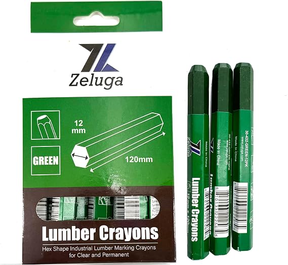 Zeluga 4.7in. x 0.47in. Hex Shape Industrial Lumber Marking Crayons for Clear and Permanent Markings, Green 12 Pack