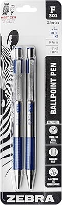 Zebra Pen F-301 Ballpoint Blue Ink Fine Point 0.7mm Pen, Easy-Glide Ink, Stainless Steel Retractable, Non-Slip Grip, Professional Design, Ideal for Office, Journal and Planner Use, 2-Pack 27122
