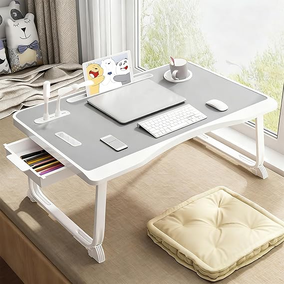Laptop Bed Table, Laptop Desk for Bed, Foldable Laptop Bed Desk with USB Charge Port, Handle, Desktop Card Slot, Cup Slot, Side Drawer, Portable Laptop Table for Bed Eating Reading Working