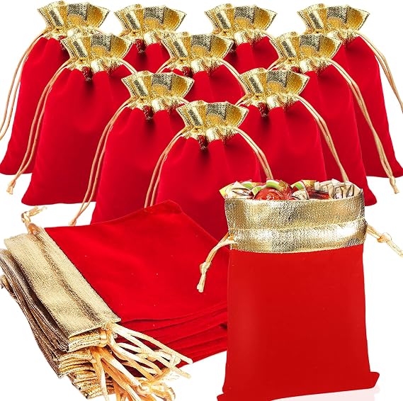 LOSYHU 50 Pack Red Velvet Bags with Drawstrings - 6x5 Inch Jewelry Pouches with Golden Rim Velvet Drawstring Bags for Wedding, Birthday, Party Favor