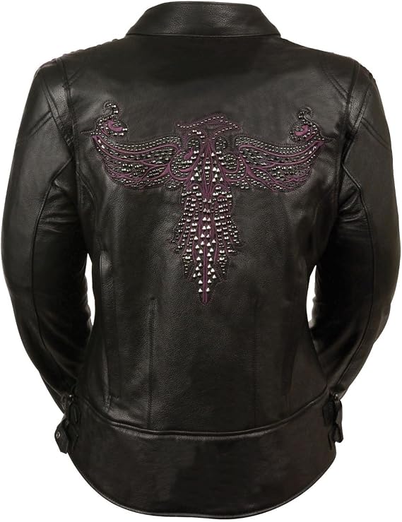 Woman's Motorcycle Riding Black & Purple Leather Jacket w/Pheonix Embroidery