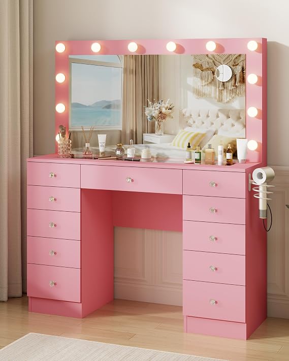 46" Pink Makeup Vanity Desk with Power Outlet, 11 Drawers | Large 11 Drawers, 12 Bright Bulbs, 3 Lighting Modes, Hairdryer Rack, Makeup Table with Glass Top for Bedroom