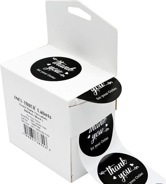 2.0 inch Round Black | Thank You for Your Order | Stickers - 500 Labels Per Roll Easy Peel Dispenser Box.