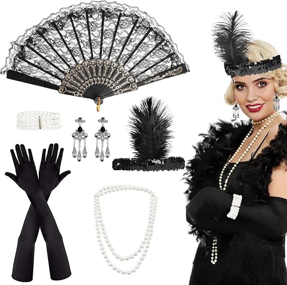 7 Pieces 1920s Accessories For Women, Great Gatsby Accessories | 20s Theme Flapper With Headband Earrings Pearl Necklace Glove, 1920er Damen Women Fancy Dress
