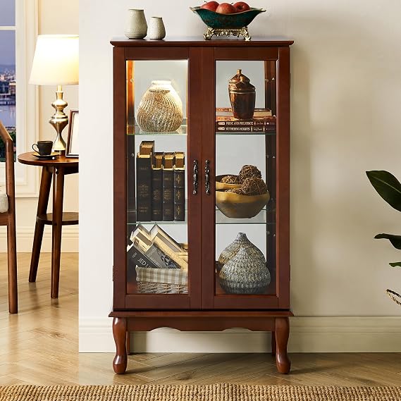 Lighted Display Cabinet Curio Cabinet with Glass Doors and Adjustable Shelves,3-Tier Curio Showcase Collection Art Display Case with Mirrored Back for Bar Living Room Kitchen Pantry (Walnut)