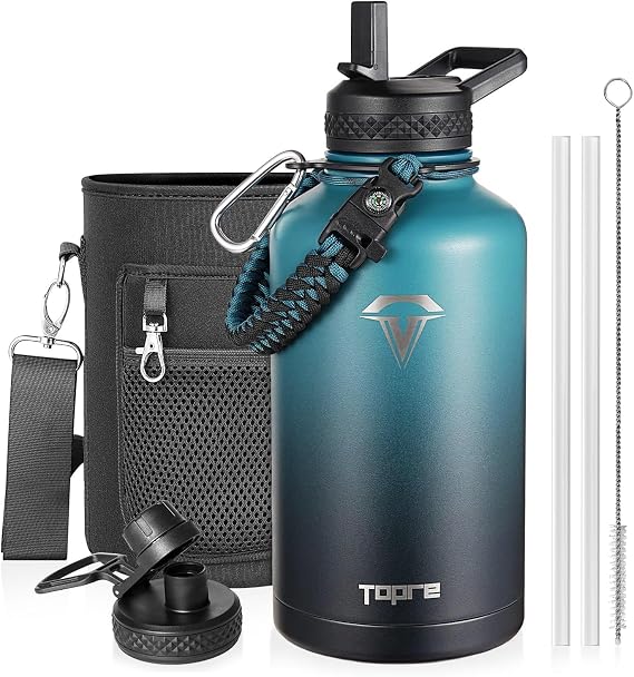 Topre 64 oz Insulated Water Bottle Stainless Steel with Paracord Handle | Large Half Gallon Jug with Sleeve Straw Spout Lids, Triple Wall Vacuum, Cold for 48 Hrs, Dishwasher Safe, Leakproof, BPA-Free