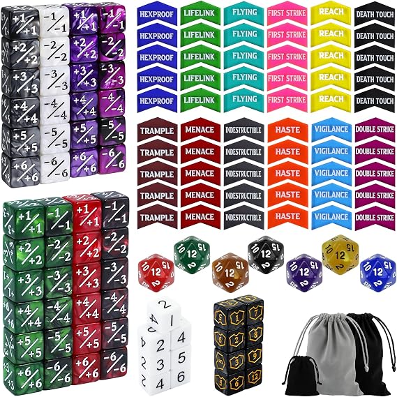 130 Pieces MTG Dice Counters Set Bulk Ability Keyword Tokens, Shield Plus 1 MTG Life Counters 6 Sided Counters Dice Set Compatible with Magic The Gatering TCG CCG Card Gaming Accessories