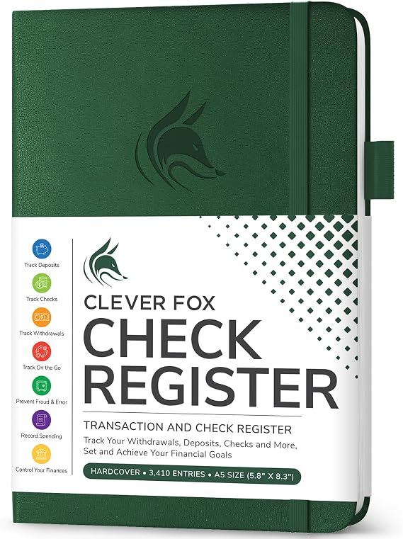 Clever Fox Check Register Book, Checkbook Ledger, 5.8x8.3 Dark Green