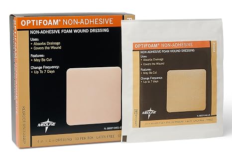 Medline Optifoam Non-Adhesive Foam Dressings, Sterile, 4" x 4" (Pack of 10)