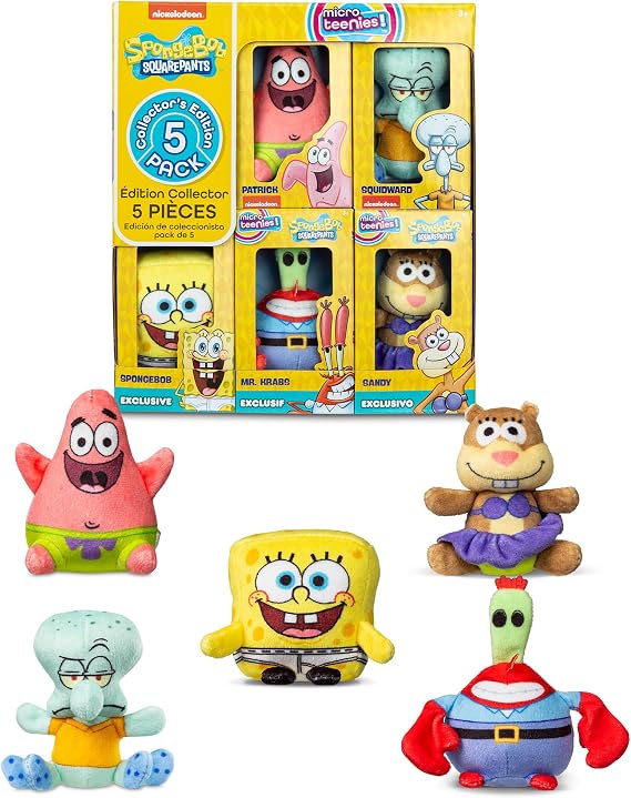 Micro Teenies - Spongebob Square Pants 5-Pack - Collectible Miniature Plush Figure, Suffed Animal, Toy Mini Soft Figure for Kids Ages 4+