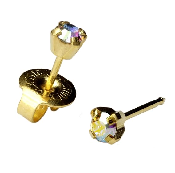 Gold-Plated Rainbow AB Crystal Piercing Studs - 3mm Birthstone Set by STUDEX