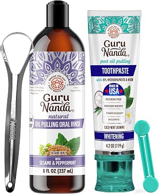GuruNanda Natural Glow Oral Care Bundle - Sesame Mint Oil Pulling Mouthwash & Hydroxyapatite Toothpaste with Neem for Fresh Breath & Whiter Smiles