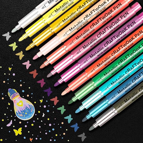 12 Metallic Paint Markers for Rock, Fabric, Wood, Glass, Craft, Decoration Stocking Stuffers, Christmas Gift Idea for Teens, Art Supplies