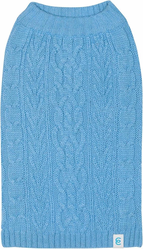 Blueberry Pet Classic Dog Sweater Wool Blend Cable Knit Pullover Crewneck Winter Clothes in Alaskan Blue, Back Length 10", Small Warm Coat for Pet