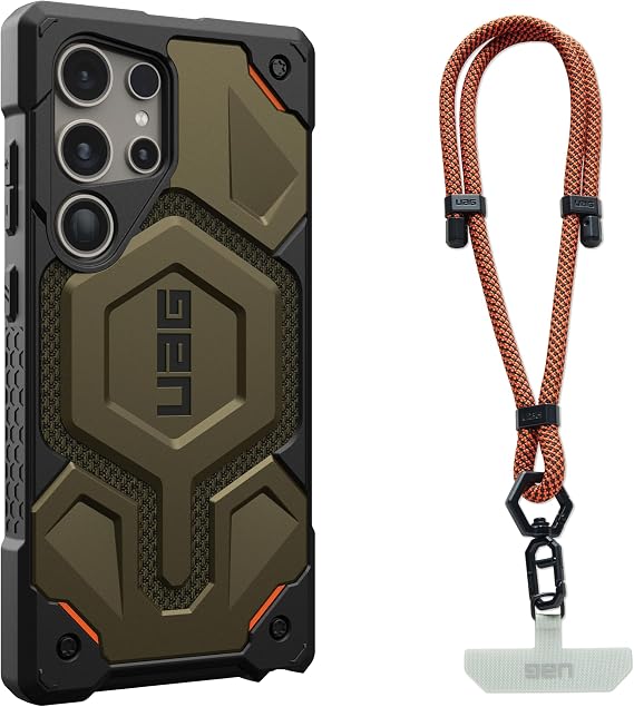 URBAN ARMOR GEAR UAG Designed for Samsung Galaxy S24 Ultra Case Monarch Kevlar Element Green Bundle with UAG Civilian Phone Wrist Lanyard 7mm Adjustable Strap Rust/Black