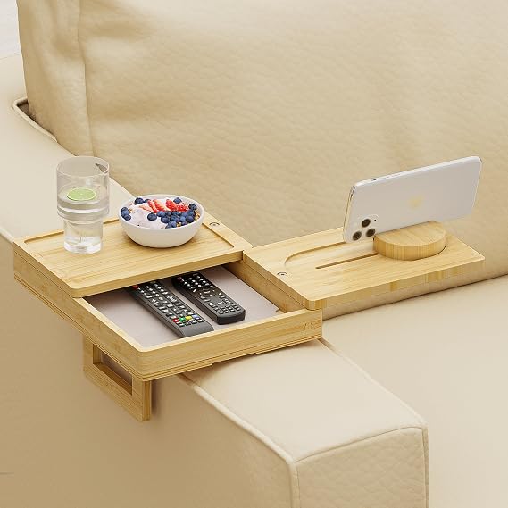Wealone Bamboo Couch Arm Tray with 2 Rotatable Tray, Adjustable Sofa Arm Clip Table with Storage Box & 360° Phone Holder, Couch Armrest Table for Snacks, Drinks or Dining