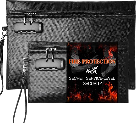 Fireproof Document Bag Set with Lock, 2 Pcs Money Box for Cash & Passport, 6200F Fire Proof Bag for Documents 14"x9.8" & 10.6" x 6.7", Fireproof Document Safe, Waterproof Money Bags Pouch with Zipper