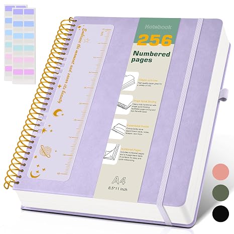 A4 Spiral Notebook Journal 8.5” x 11”, 256 Numbered Pages Hardcover Leather Journals for Women Men, Large Lined College Ruled Notebooks, 100GSM Thick Paper, Spiral Bound Journal for Work School Purple