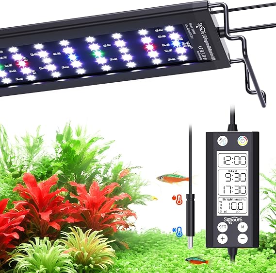 SEAOURA WRGB DIY Aquarium LED Light with Thermometer for 45-60cm Fish Tank | high PAR full spectrum, 9 colors+20 dimming, 3 timers+memory, temp alarm, adjustable bracket, aluminum shell, SR-659 [Energy Class E]