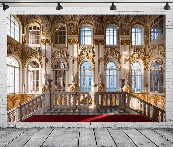 BELECO 20x10ft Fabric Luxurious Palace Backdrop for Photography Royal Palace Hall Ballroom Gold Carvings Wall Arch Windows Art Museum Winter Palace Background Adults Portrait Photoshoot Studio Prop