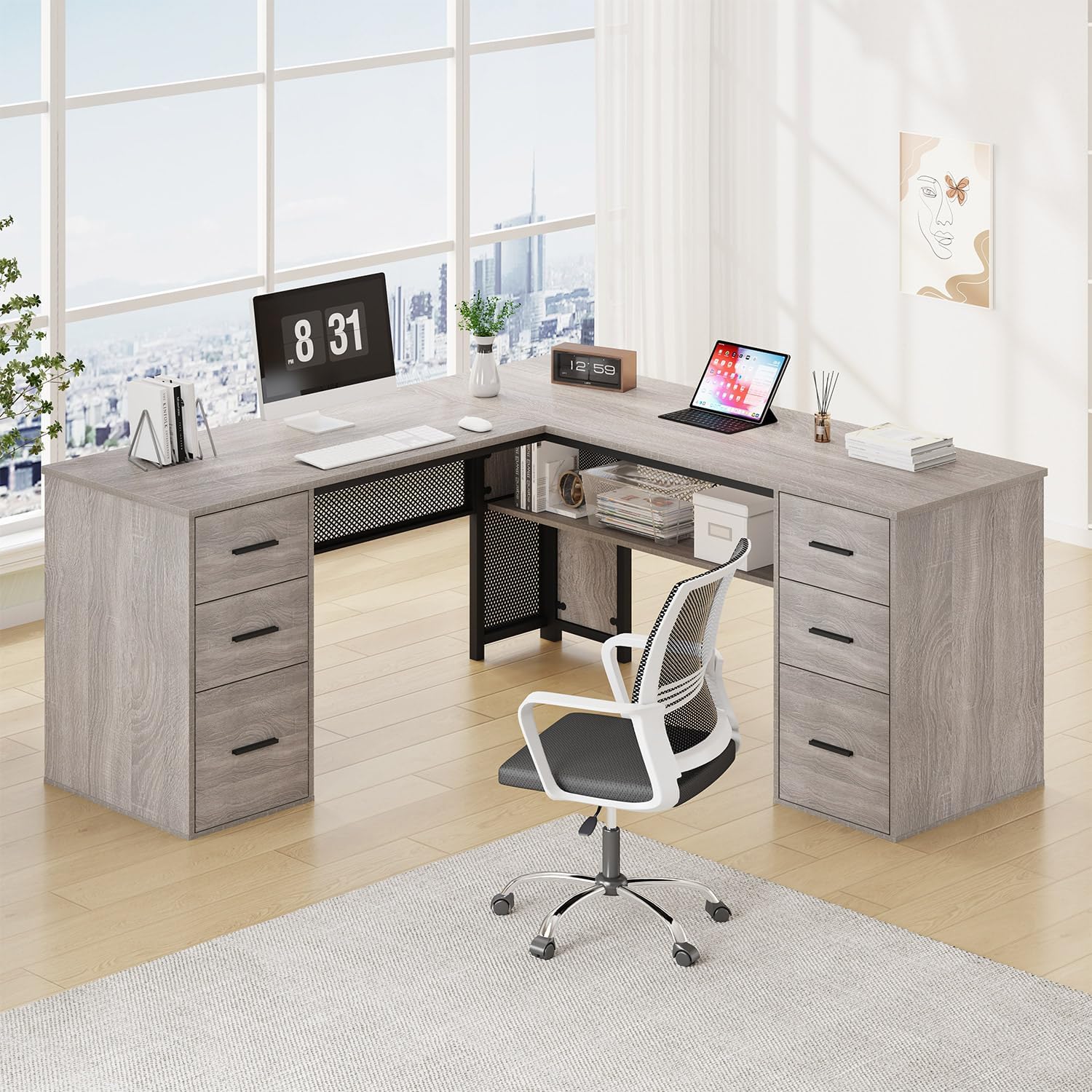 HSH Gray L Shaped Desk with Drawers Shelves, Large Home Office Corner Computer Desk with Storage File Cabinet, Modern Metal Wood Desk for Executive Writing Study Workstation, 59 Inch Bedroom Table