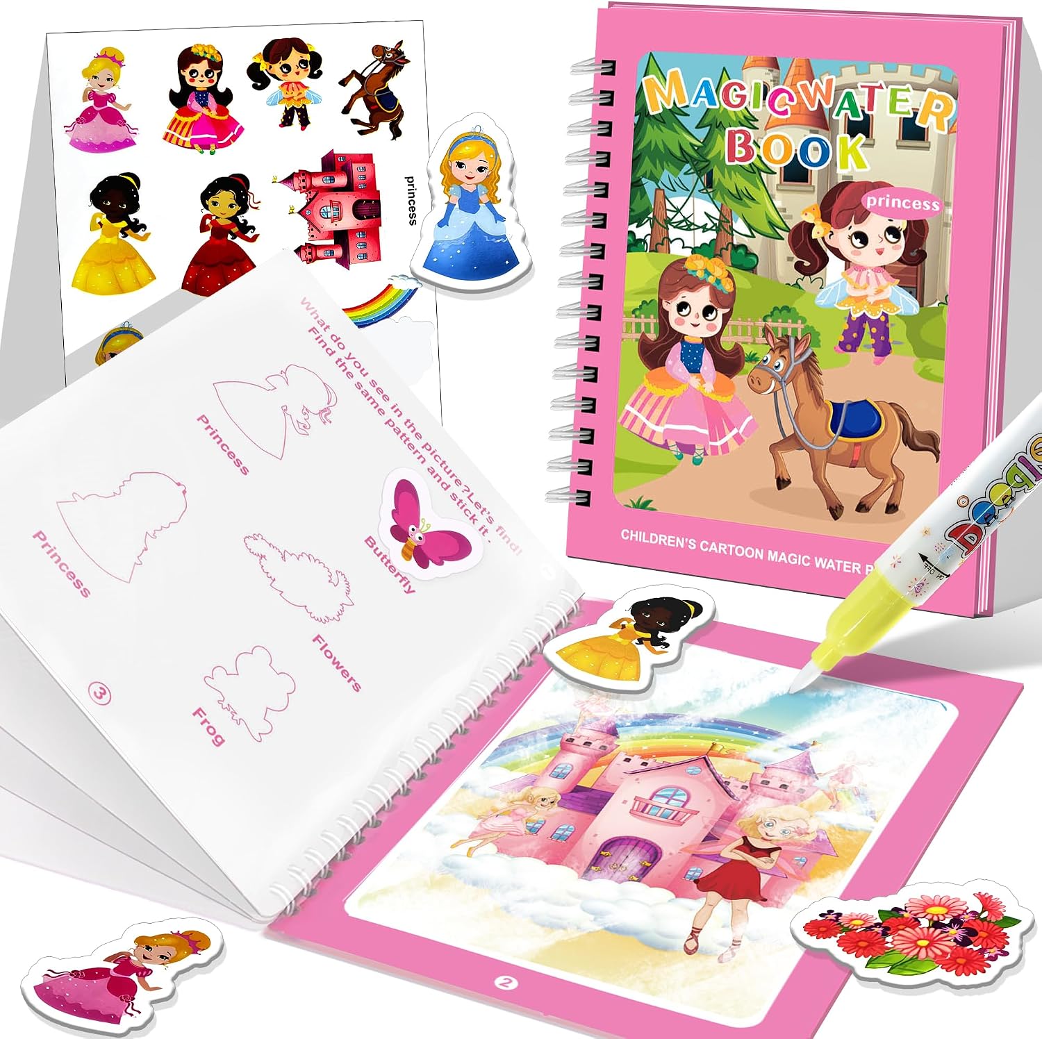 Flamax Reusable Princess Theme Magic Water Painting Book for Toddlers 1-3 with 18 Stickers & NO-Mess Pen,Magic Coloring Books for Toddler,Water Painting Book for Toddlers 1-3