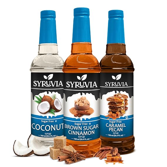 Syruvia Sugar Free Brown Sugar Cinnamon, Sugar free Coconut & Sugar Free Caramel Pecan Syrup - 25.4 fl oz. Premium Coffee Flavoring Syrup. 0 Calories, Kosher & Gluten-Free. Ideal for Drinks & More.