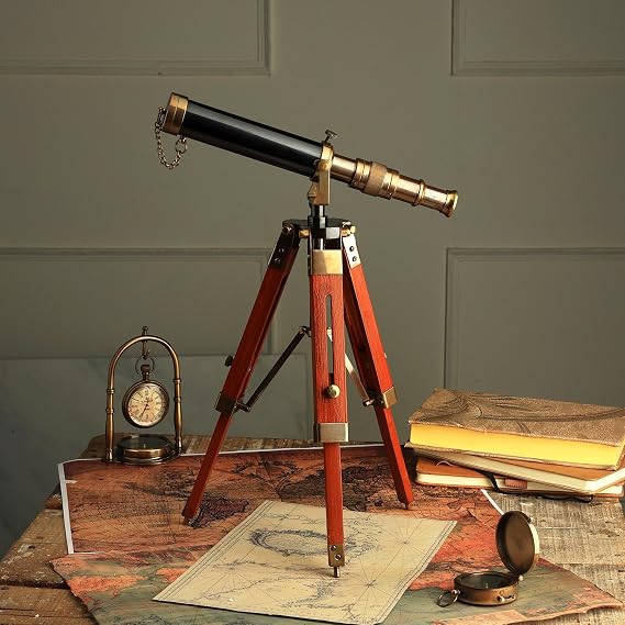Table Decor 9 inch Telescope Vintage Marine Gift Functional Instrument Collectables Gift Item (Brass Antique + Wood)