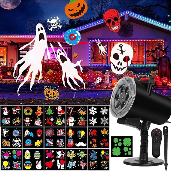 Halloween Christmas Projector Lights, Led Holiday Projector Light with 16pc Slides Patterns IP65 Waterproof Outdoor Indoor for Xmas Birthday Party