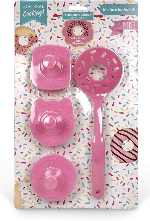 4-piece Cookie Stamp and Flipper Set - Donut Treats | Dishwasher Safe, Detailed Press Designs, Approximately 3" Wide, Includes Kitty, Sprinkle and Donut Stack Cutters