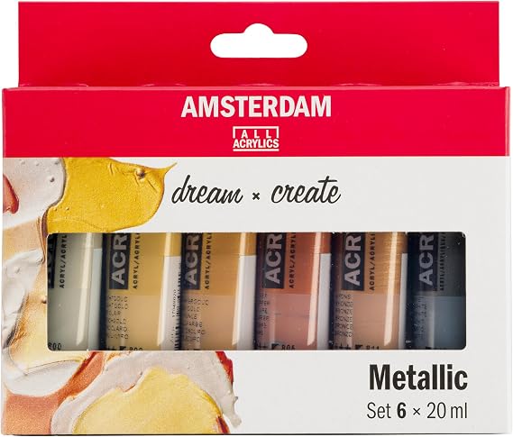 Amsterdam Standard Series Acrylic Paint Set, Metallic, 0.6 fl oz, 6 Count | Acrylic Paint with Non-Fading Pigment, Quick Drying Time, Uniform Finish, Water-Based Formula