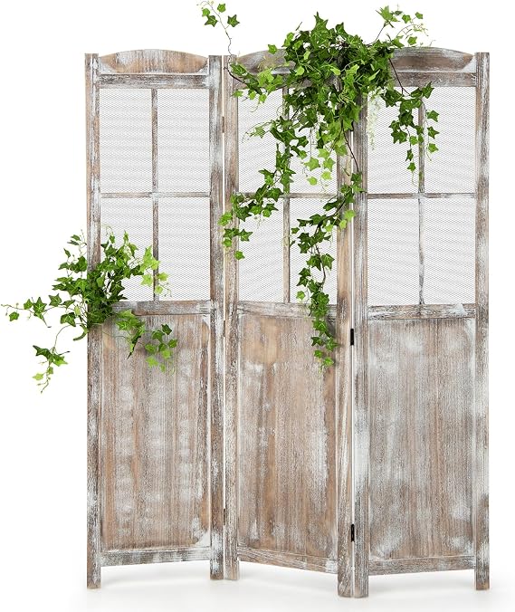GOFLAME 3-Panel Folding Room Divider, 6FT Paulownia Wood Privacy Screen with Mesh Window, Natural Rustic Freestanding Wall Divider Partition for Room Separation, No Assembly Required