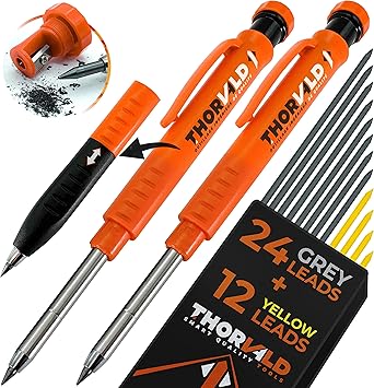 THORVALD 2 Carpenter Pencils Set for Construction - Incl. 38 Leads + Sharpener + Finger Grip - Solid Mechanical Pencils with Fine Point/Best Marking tools Construction/Carpenters/Scriber