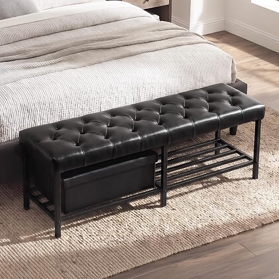 SOFTHION 55.5" End of Bed Bench, Faux Leather Entryway Bench, Black