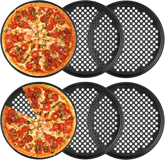 YOUNTHYE 6PCS Pizza Pan with Holes 12 inch Round Pizza Pan Set Nonstick Pizza Baking Pan Carbon Steel Pizza Tray Black Pizza Crisper Pan for Home Baking Kitchen