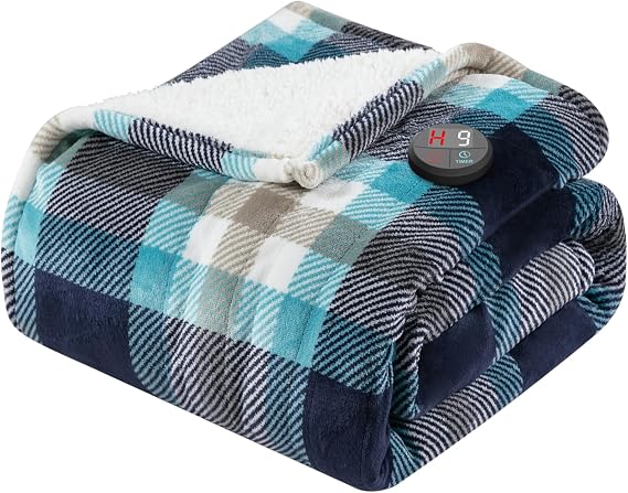 GOTCOZY Heated Blanket Electric Throw 50''X60''- Electric Throw Blanket with One Touch Button 10 Heating Level & 9 Time Settings Heating Blanket, Machine Washable (Check SkyBlue)